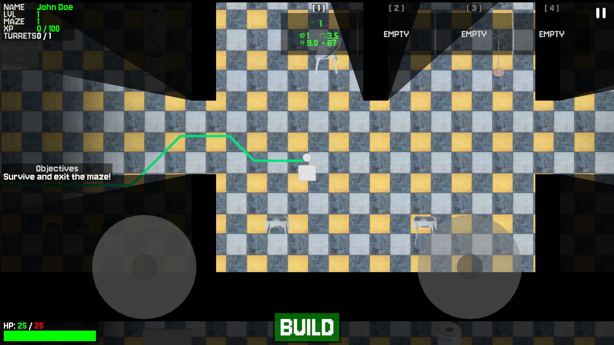 The MAZE Game screenshot showing a maze level with square patterns