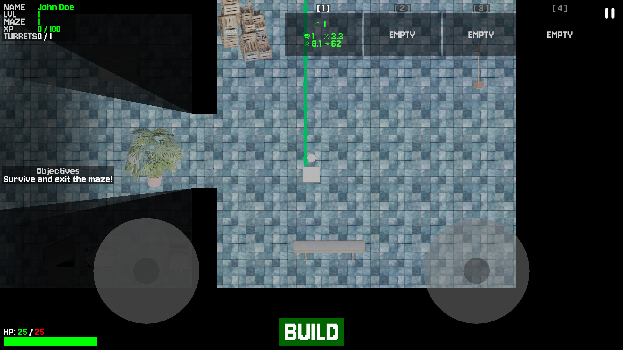 The MAZE Game screenshot showing a checkerboard pattern floor